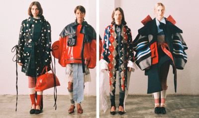 Four models with geometric print looks in bright colors: red, black and blue