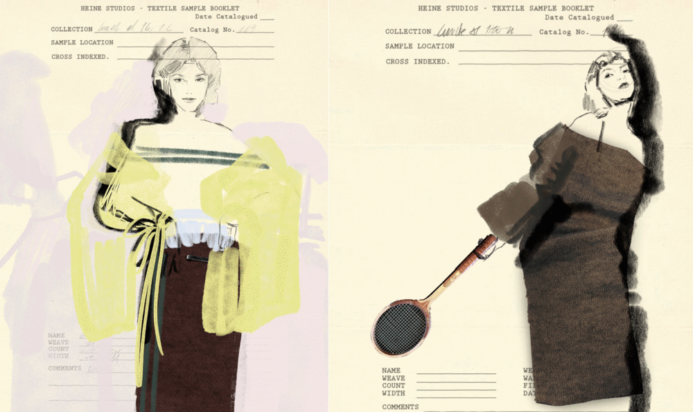 Two vintage-style fashion illustrations with sophisticated models on a beige paper background