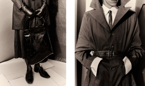 Two sepia-toned photos of details of a man in a trench coat