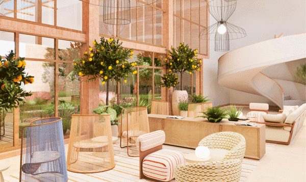 Interior of an urban space with sofas made of natural materials and glass walls overlooking an interior garden and an oval staircase in the background in white tones