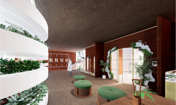 Interior of a Martian habitat with shelves on the left containing plants, green armchairs in the center, and cylinders for species reproduction in the background.