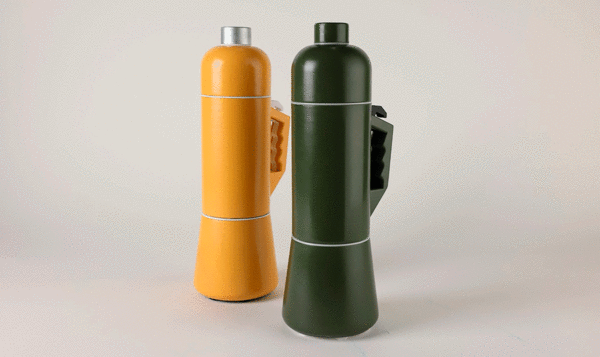Two water bottles, one green and one yellow, with a side handle on a gray background
