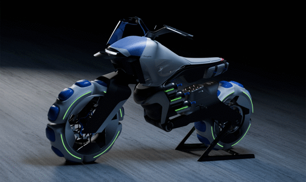 Off-road electric motorcycle with blue details and large wheel volumes on a dark background with parquet flooring.