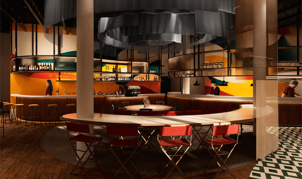 Elegant and modern dining room of a restaurant with the bar in the background