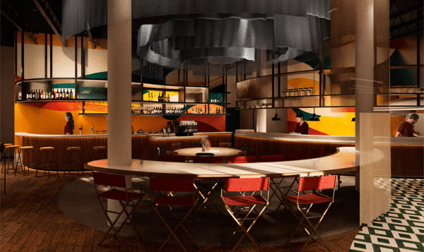 Elegant and modern dining room of a restaurant with the bar in the background