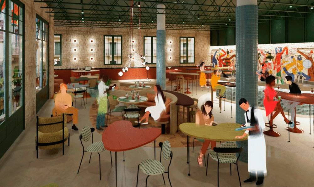 Dining area of a restaurant with pistachio green and orange tables