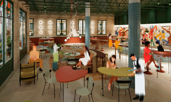 Dining area of a restaurant with pistachio green and orange tables