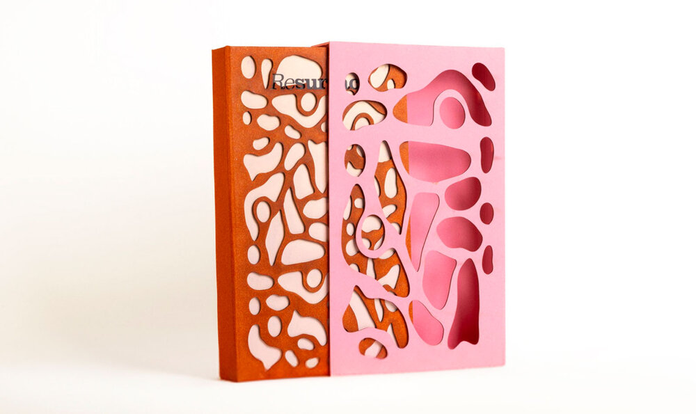 A red notebook fitting into a pink cover with perforated embossing